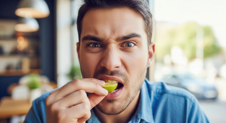 Young man with a sour, surprised expression after biting into a fresh green lime. his face is scrunched up, reacting to the intense citrus taste.の素材