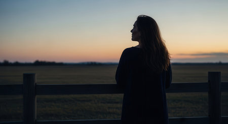 Silhouette of a woman standing by a wooden fence, gazing at a wide, empty field under a serene sunset sky. evokes feelings of solitude, contemplation, and peace in nature.の素材