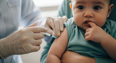 Infant receiving a vaccine injection in the arm from a gloved healthcare worker, while being held by a parent. focus on child health and protection.の素材