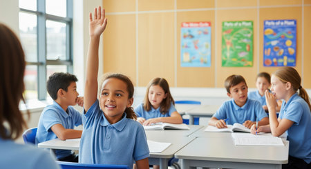 Young female student raising hand to answer a question in a diverse classroom. other children are engaged in learning at their desks, highlighting active participation and education.の素材