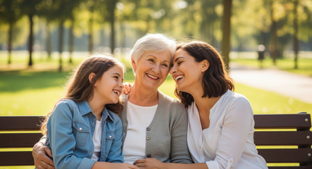 Three generations of women, grandmother, mother, and daughter, share a joyful laugh while sitting on a park bench during a sunny afternoon, showcasing family bond and happiness.の素材