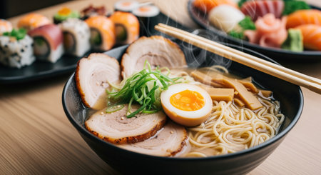 Traditional japanese ramen bowl with steaming broth, chashu pork, soft boiled egg, noodles, and green onion, served with various sushi and sashimi on a wooden table.の素材