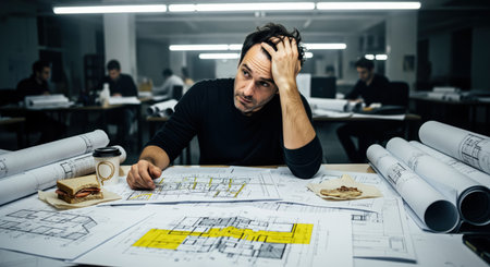 Male architect, early 40s, looking stressed and frustrated, hand in hair, surrounded by blueprints and design plans on a desk in a modern office. overwork, deadline, and stress concept.の素材