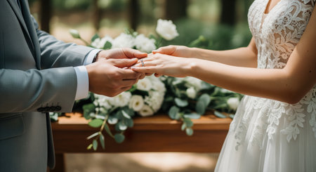 Groom hands gently placing a golden wedding ring on the bride finger during an intimate outdoor marriage ceremony, symbolizing love and commitment.の素材