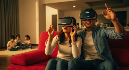 Asian man and woman wearing virtual reality headsets, sitting on a red sofa, interacting with a virtual world. children read books on the floor in the background, creating a scene of modern family entertainment and technology.の素材