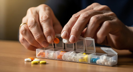 Elderly hands meticulously arrange colorful medication and vitamin supplements into a clear daily pill organizer on a wooden table. focus on health, wellness, and routine dosage management.の素材