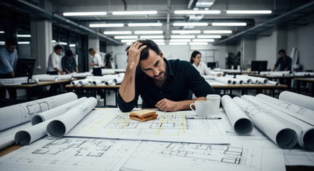 Male architect, early 40s, running a hand through his hair in frustration, surrounded by rolled up blueprints and design plans in a modern office. depicts stress, deadlines, and hard work.の素材