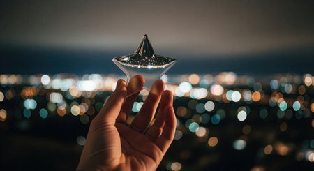 Human hand holding a transparent glass star object, with a bokeh effect of colorful city lights at night, representing dreams, success, and aspiration.の素材