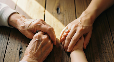 Three generations of hands, elderly, adult, and baby, gently holding each other on a warm wooden table. symbolizes family, love, care, support, and the cycle of life.の素材
