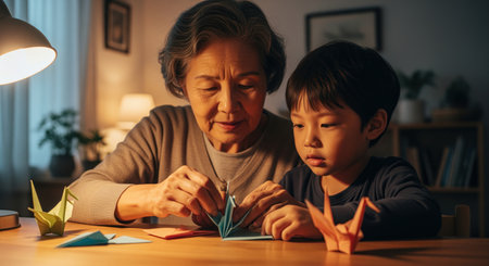 Elderly asian grandmother and young grandson patiently folding colorful origami paper cranes together at a wooden table in a cozy home setting, illuminated by a warm lamp light. intergenerational bonding, learning, and creativity.の素材