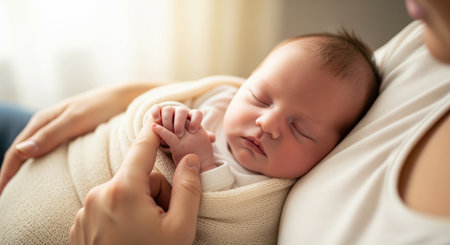 Peaceful newborn baby sleeping soundly, wrapped in a blanket, gently holding a woman finger. captures the tender bond and care between mother and infant, symbolizing new life and love.の素材