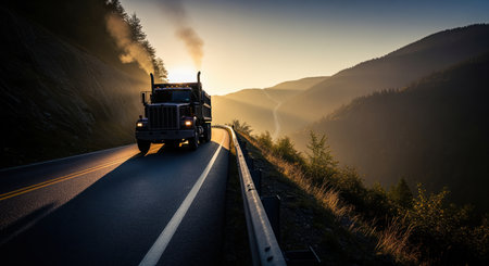 Large industrial dump truck ascends a steep, winding mountain pass at sunrise. exhaust smoke rises against the golden sky, illuminating the rugged landscape.の素材