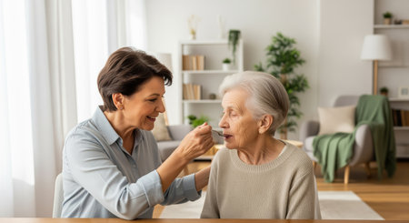 Middle aged woman gently spoon feeding an elderly senior woman at home. depicts care, support, assistance, and compassion for older adults.の素材