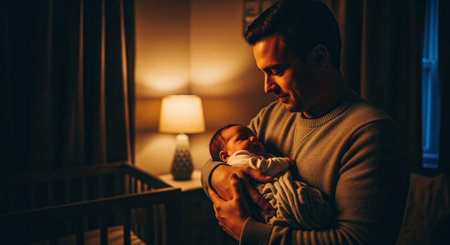 Man holding a sleeping infant in a nursery, with a soft glow from a bedside lamp. depicts parental bond, new life, and nighttime care.の素材
