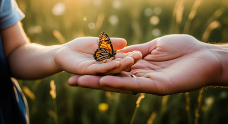 Monarch butterfly resting on a child hand supported by an adult hand in a golden sunlit field. represents nature, care, connection, and environmental protection.の素材