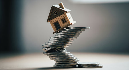 Miniature house model teetering on a wobbly stack of silver coins, illustrating housing market instability, financial crisis, and investment risk.の素材