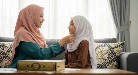 Muslim mother in peach hijab carefully adjusts her daughter white hijab while sitting on a sofa at home. depicts family bonding, religious tradition, and care.の素材
