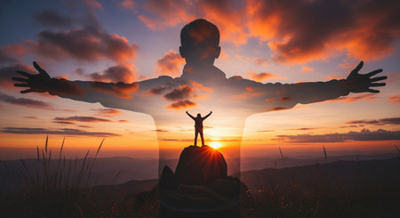 Man with open arms in a double exposure, blending with a breathtaking sunset over a mountain landscape, conveying freedom and achievement.の素材