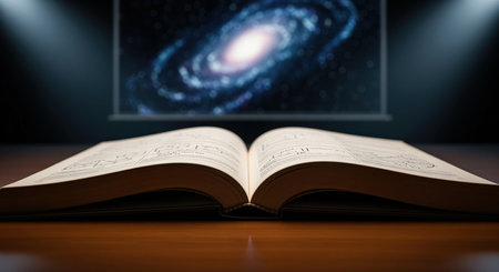 Open textbook with intricate diagrams and notes on a polished wooden desk. a vibrant galaxy is projected on a screen in the dark background, symbolizing knowledge, science, and the universe.の素材