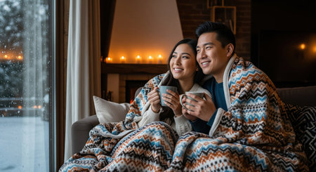 Young asian couple wrapped in a patterned blanket, holding hot mugs, looking out a window at a snowy landscape. cozy winter scene, warmth, relaxation, and comfort at home.の素材
