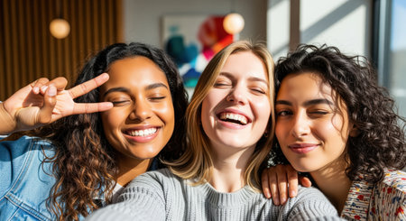 Three happy diverse young women posing for a close up selfie, one making a peace sign, another laughing, and the third winking, all smiling brightly.の素材