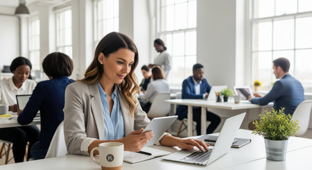 Focused businesswoman working on a tablet and laptop in a bright, modern co working office. diverse colleagues are visible in the background, highlighting a collaborative and productive work environment.の素材