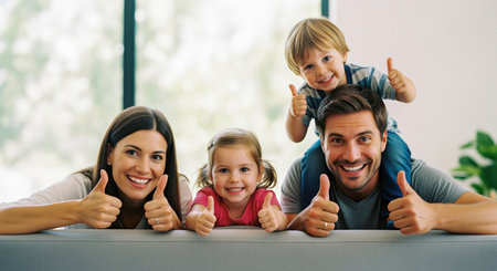 Smiling family of four, including mother, father, son, and daughter, leaning over a sofa and giving a positive thumbs up gesture. expresses happiness, approval, and success.の素材
