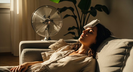 Young woman resting on a sofa with a cold compress on her forehead, seeking relief from extreme summer heat, with a fan nearby.の素材