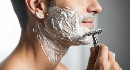 Man with thick shaving cream on his face and neck, using a classic safety razor for a clean shave. focus on daily grooming, hygiene, and self care.の素材