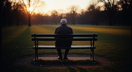 Elderly man with white hair sitting alone on a dark park bench, silhouetted against a vibrant sunset sky in a peaceful park. long shadows stretch across the green grass, evoking solitude and reflection.の素材