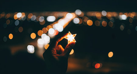 Hand holding a bright, glowing star shape against a dark, blurred background of sparkling city lights and bokeh effect at night. concept of hope, dream, magic.の素材