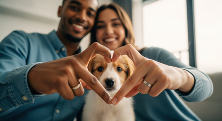 Smiling multi ethnic couple forming a heart shape with hands, framing a small, adorable puppy. symbolizes love, family, pet ownership, and happiness.の素材