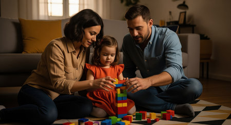 Mother, father, and young daughter sitting on the living room floor, building a tower with colorful toy blocks. family bonding, childhood development, and leisure time at home.の素材