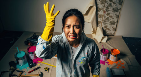 Distressed east asian woman in a painter suit and yellow gloves, surrounded by spilled colorful paint and tools, facing a challenging home improvement disaster.の素材
