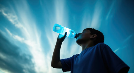 Young boy in a blue shirt drinks from a glowing blue water bottle, looking up at a bright sky. represents hydration, energy, and refreshment during activity.の素材