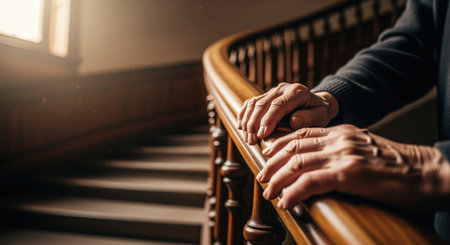 Close up of an elderly man weathered hands gently holding a polished wooden banister on a curved staircase, illuminated by warm sunlight. represents aging, support, and stability.の素材
