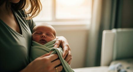 Mother gently holds her sleeping newborn infant, swaddled in a soft green blanket, symbolizing love, care, and new life.の素材