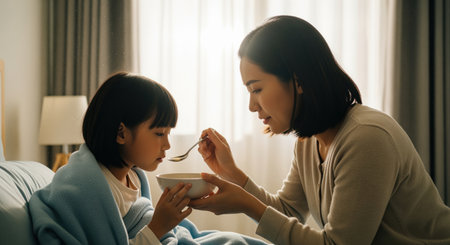 Asian chinese mother spoon feeding her young daughter warm soup while she is wrapped in a blanket in bed. depicts care, family support, and recovery from illness.の素材