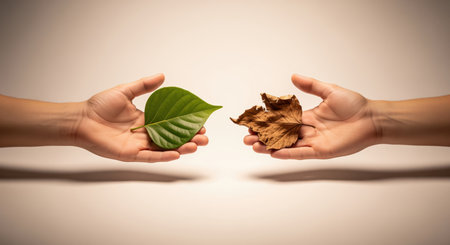 Two hands display a fresh green leaf and a dry brown leaf, symbolizing the cycle of life and death, growth and decay. highlights environmental themes, nature balance, and the passage of time.の素材