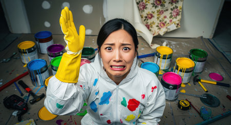 Young east asian woman in a paint splattered protective suit and yellow gloves, looking distressed and overwhelmed by a messy home renovation project with spilled paint cans and tools.の素材