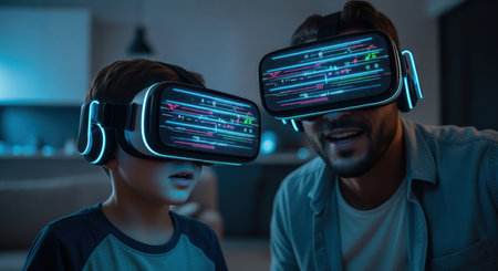 Father and son wearing modern VR headsets, faces illuminated by vibrant digital interfaces. deeply engaged in a shared virtual reality experience, exploring new digital worlds. represents future technology, family bonding, and immersive entertainment.の素材