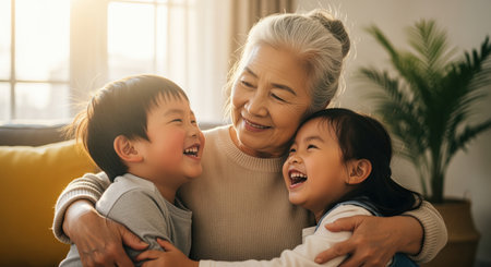 Elderly asian grandmother happily embracing her young grandson and granddaughter, all three laughing together. depicts family love, bonding, and intergenerational connection in a warm, inviting home setting.の素材