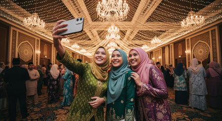 Joyful asian malay women in traditional attire taking a selfie. smiling women wear colorful hijabs and dresses. ornate hall with warm string lights and chandeliers creates a festive atmosphere. other guests in background.の素材