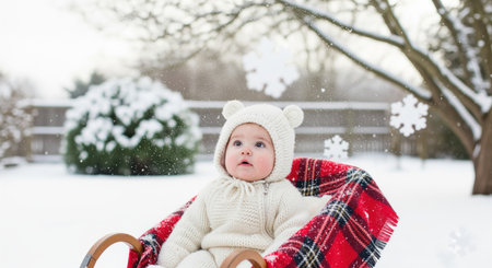 Baby in a cream knit snowsuit with bear ear hood, wrapped in a red plaid blanket, sitting in a wooden sled in a snowy winter landscape, looking up at falling snowflakes.の素材