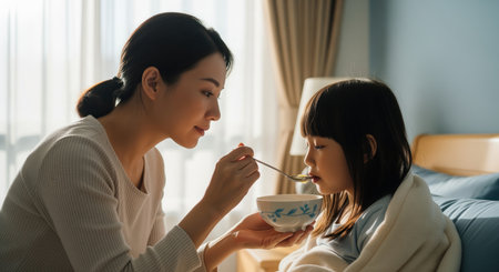 Asian mother gently spoon feeding warm soup to her young daughter wrapped in a blanket. a tender moment of maternal care and family support for recovery.の素材