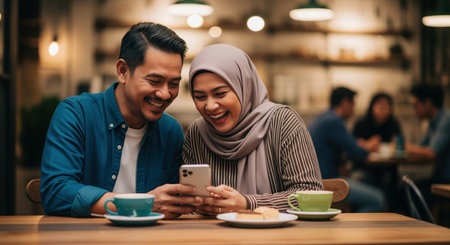 Asian malay couple laughing and sharing a moment while looking at a smartphone in a warm, inviting cafe. enjoying coffee and conversation.の素材