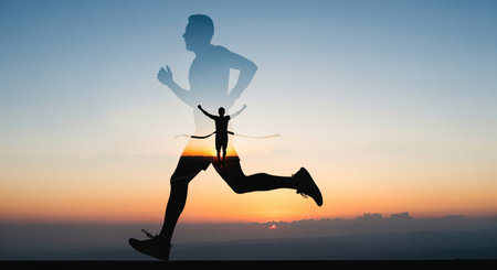Double exposure showing a man running, overlaid with a smaller silhouette of a winner breaking the finish line tape against a vibrant sunrise sky. represents achievement, success, and fitness.の素材