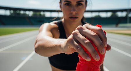 Determined female athlete hand gripping a red water bottle on a running track. sweat visible on arm, symbolizing effort, hydration, and recovery during intense training.の素材