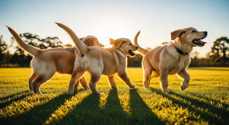 Three golden retriever puppies running playfully across a vibrant green grassy field during a golden sunset, casting long shadows.の素材