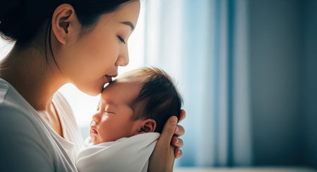 Asian chinese mother softly kisses the forehead of her peacefully sleeping newborn baby boy. a tender moment of maternal love, care, and bonding between parent and child.の素材